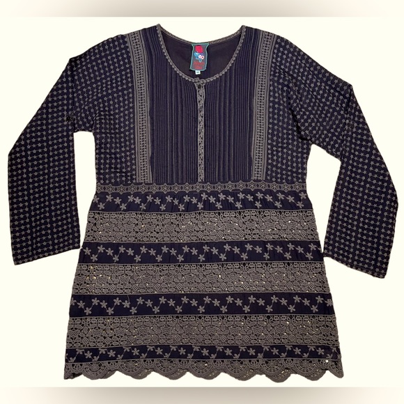 Johnny Was Brown Cupra Rayon Eyelet Lace & Embroidered Long Sleeve Tunic Sz M - Picture 9 of 16